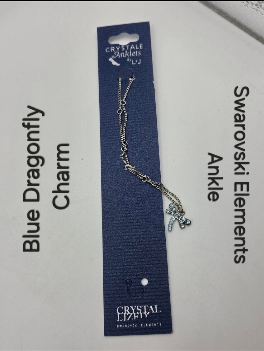 Crystal Anklet Swarovski Elements Light Blue Dragonfly Charm Silver Tone NWT